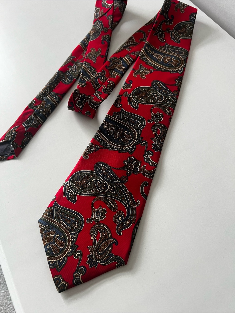 Mario Valentino Red Paisley Silk Tie with Black & Gold Accents